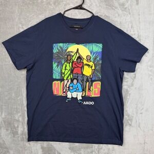 AKOO Mens 3XL Navy Blue Graphic T-Shirt Embroidered Tropical Streetwear Tee